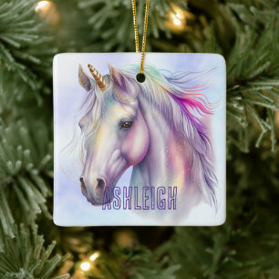 Lila rosa Einhornname Keramikornament