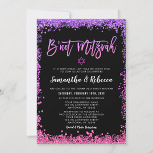 Lila Rosa Faux Glitter B'not Mitzvah Einladung