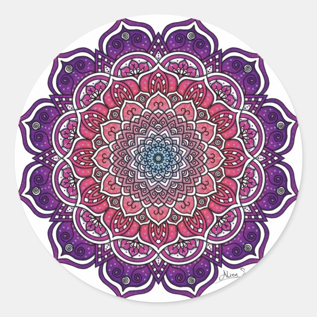 Lila-rosa Floral Mandala Runder Aufkleber (Vorderseite)