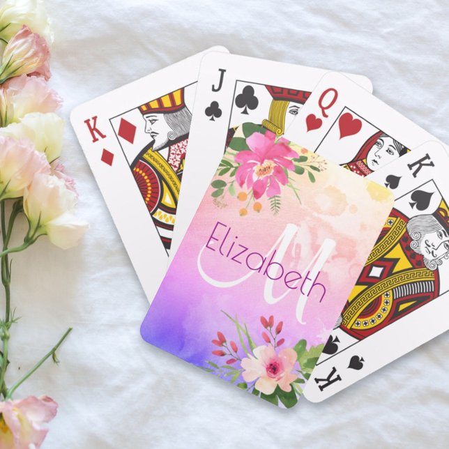 Lila rosa Floral Watercolor Chic Modern Monogram Spielkarten (Von Creator hochgeladen)