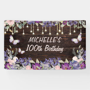 Lila Rosa Florale Butterfly Rustikal 100. Geburtst Banner