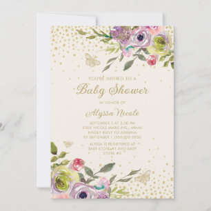 Lila Rosa Florale Gold Glitter Schmetterlinge Baby Einladung