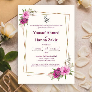 Lila Rosa Florale Goldene Rahmen Islam Muslim Hoch Einladung
