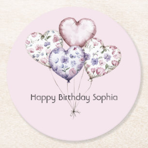 Lila Rosa Florale Herzballons Geburtstag Runder Pappuntersetzer