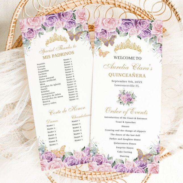 Lila-rosa-florale Quinceñera-Orden Programm (purple lilac lavender and pale pink roses floral quinceanera order of events padrinos program cards)
