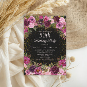 Lila Rosa Floraler Glitter Schwarz 50. Geburtstag Einladung