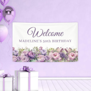 Lila Rosa Florales 50. Geburtstags-Willkommen Banner