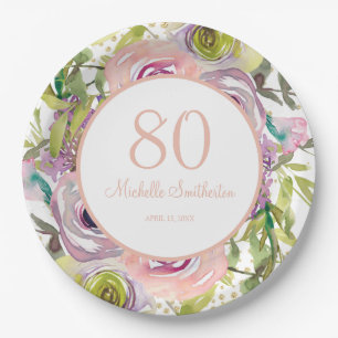 Lila Rosa Florales Gold Glitter 80. Geburtstag Pappteller