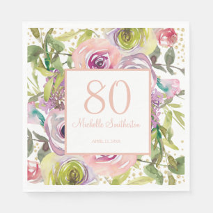 Lila Rosa Florales Gold Glitter 80. Geburtstag Serviette