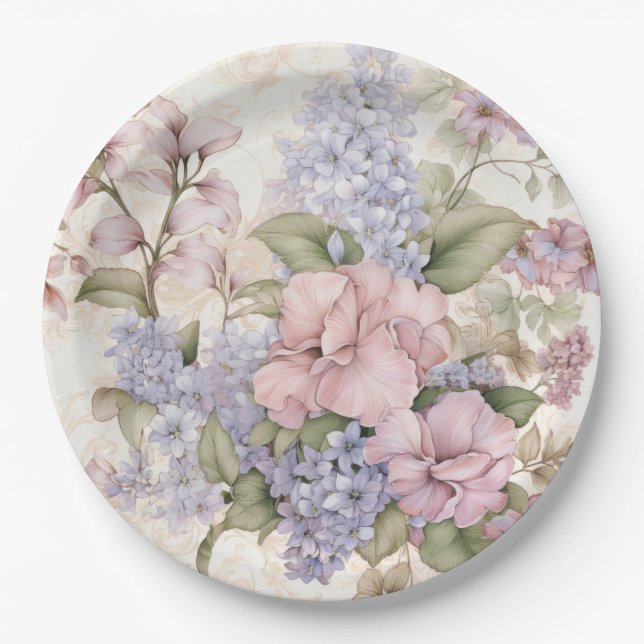 Lila Rosa Florales Papiertablett Pappteller (Vorderseite)