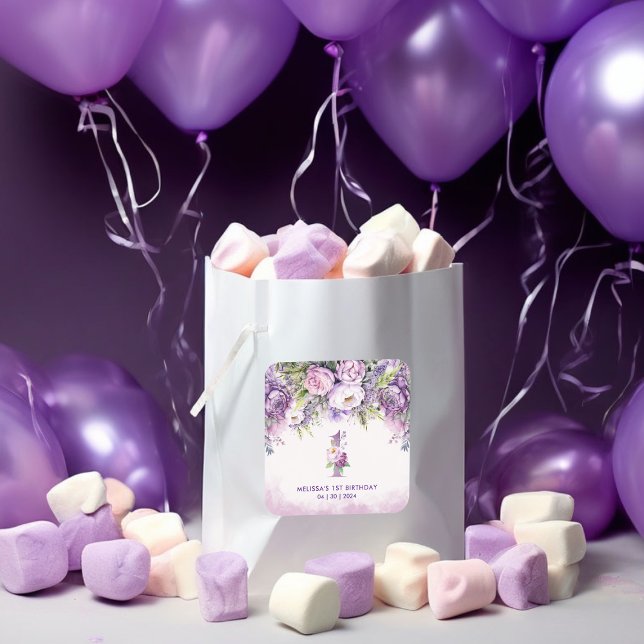 Lila & rosa Garden Blume 1. Geburtstag Quadratischer Aufkleber (Purple & Pink Garden Flowers 1st Birthday Square Sticker!)