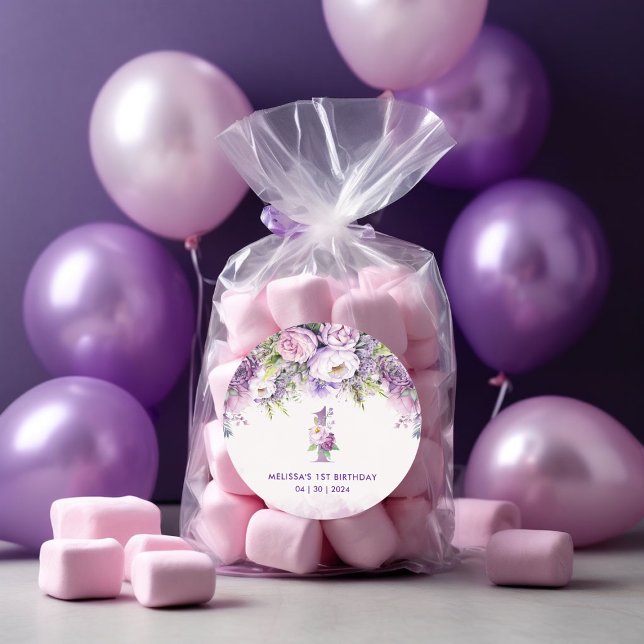 Lila & rosa Garden Blume 1. Geburtstag Runder Aufkleber (Purple & Pink Garden Flowers 1st Birthday Classic Round Sticker)