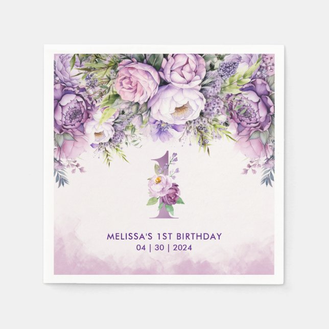 Lila & rosa Garden Blume 1. Geburtstag Serviette (Vorderseite)