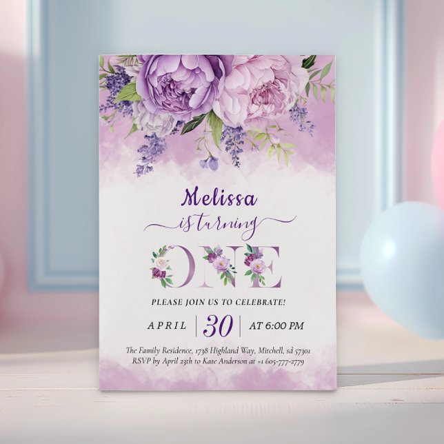 Lila & Rosa Garden Blume Girl 1. Geburtstag Einladung (Purple & Pink Garden Flowers Girl 1st Birthday Invitation)