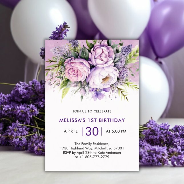 Lila & Rosa Garden Blume Girl 1. Geburtstag Einladung (Purple & Pink Garden Flowers Girl 1st Birthday Invitation)