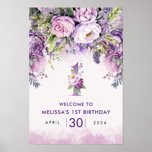 Lila & Rosa Garden Blume Girl 1. Geburtstag Poster (Vorne)