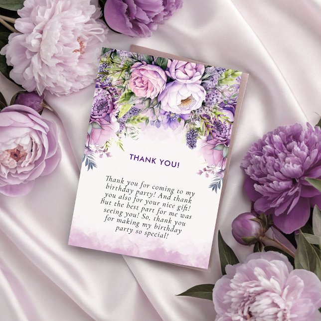 Lila & Rosa Garden Blume Girl Dankeskarte (Purple & Pink Garden Flowers Girl Birthday Thank You Card)