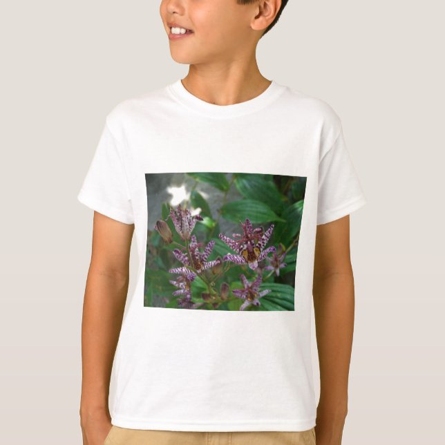 Lila, rosa gestreifte Orchidee wie Blume T-Shirt (Vorderseite)