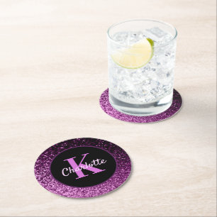 Lila rosa Glitter-Monogramm-Name Runder Pappuntersetzer
