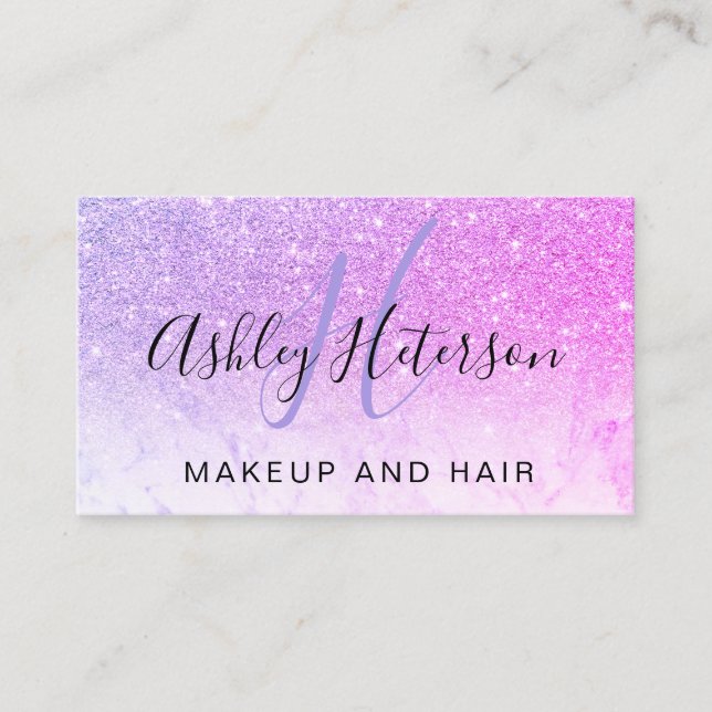 Lila rosa Glitterskript des Make-upmonogrammarmors Visitenkarte (Vorderseite)