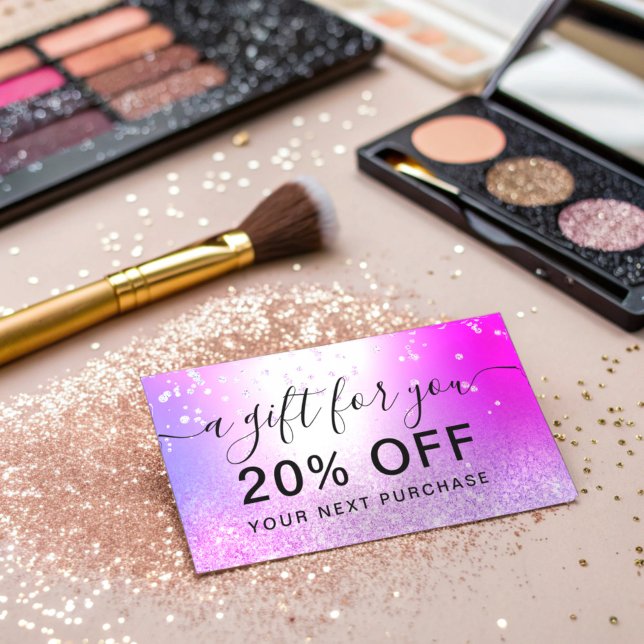 lila rosa Glitzer Glasfaserkabel Konfetti Rabattkarte (purple pink glitter metallic sparkle confetti gift discount card)