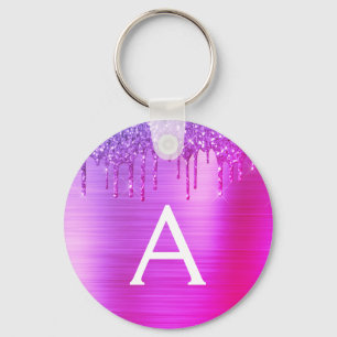 Lila rosa Glitzer Monogramm aus Edelstahl Schlüsselanhänger