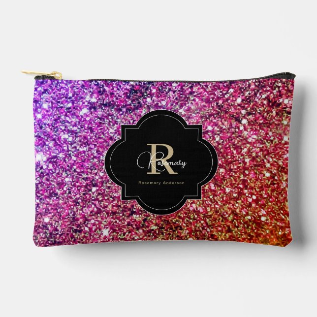 Lila Rosa Gold Glitzer Funkeln Name Monogramm  Zubehörtasche (Vorderseite)