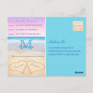 Lila rosa Himmelsherzen im Sandstrand Wedding P Postkarte
