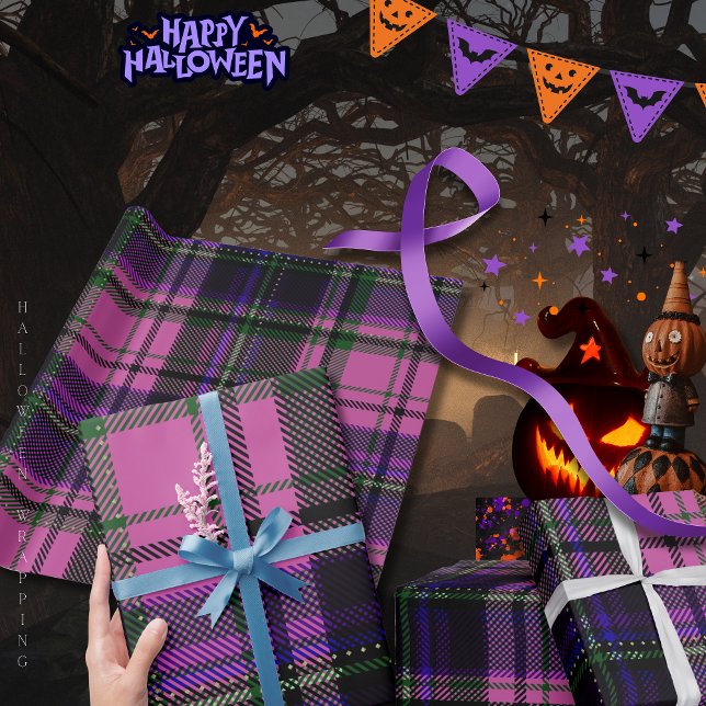 Lila-rosa-Kariertes Halloween-Wrapping-Papier Geschenkpapier (Purple & Pink Plaid Halloween Wrapping Paper)