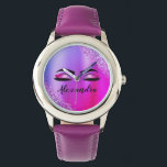 Lila rosa Monogramm Glitzer Eyelashes Modernität Armbanduhr<br><div class="desc">Lila und rosafarbene Imitate Foil metallic sparkle Glitzer gebürsteter Metal Monogram Name and Initial Eyelashes (Lashes), Eyelash Extensions and Eyes Makeup Watch. Das macht den perfekten 16 Geburtstag, Hochzeit, Brautparty, Jubiläum, Babydusche oder Junggeselinnen-Abschied Geschenk für jemanden, der sein Zimmer im trendigen coolen Stil dekoriert.</div>