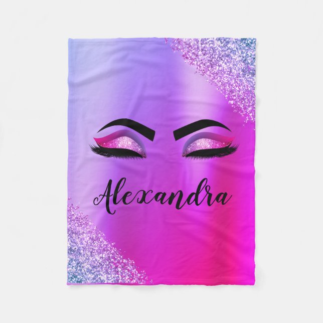 Lila rosa Monogramm Glitzer Eyelashes Modernität Fleecedecke (Vorderseite)