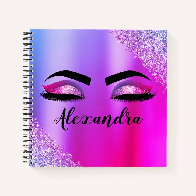 Lila rosa Monogramm Glitzer Eyelashes Modernität Notizbuch (Vorderseite)