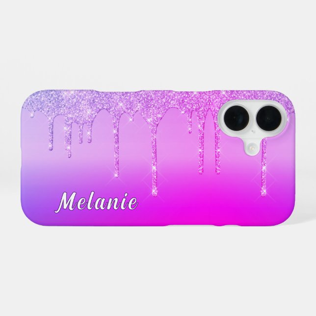 Lila rosa Neon iPhone Case mit Individuelle Name 16 Hülle (Rückseite (Horizontal))