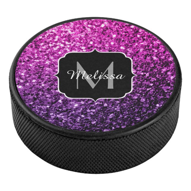 Lila Rosa Ombre Imitate Glitzer Glitzern Monogram Eishockey Puck (3/4)