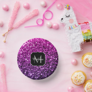 Lila Rosa Ombre Imitate Glitzer Glitzern Monogram Pappteller