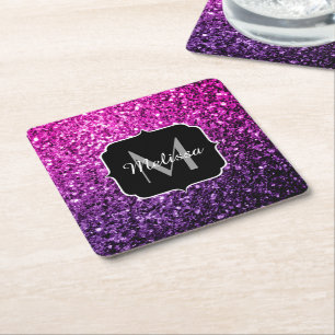 Lila Rosa Ombre Imitate Glitzer Glitzern Monogram Rechteckiger Pappuntersetzer