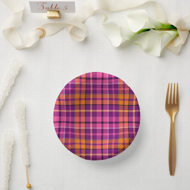 Lila Rosa Orange Karo Tartan Design  Pappteller (Hochzeit)