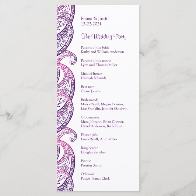 Lila & rosa Paisley Indian Wedding Rackcard Programm (Vorderseite)