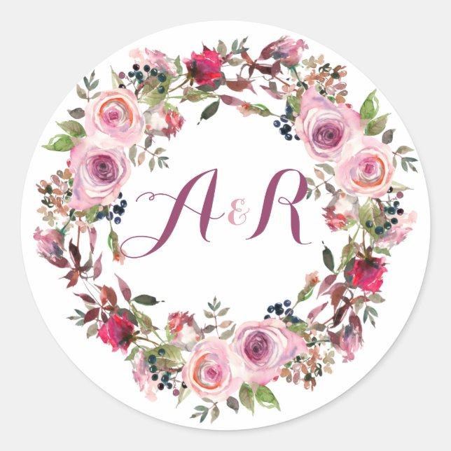 Lila Rosa-Rose-Monogramm-Hochzeit Runder Aufkleber (Vorderseite)