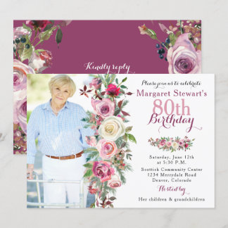 Lila rosa Rosen-Foto-80. Geburtstag Einladung