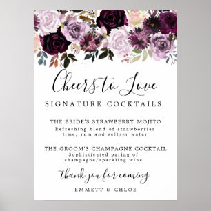 Lila Rosa Rosen Signature-Cocktails-Hochzeitsschil Poster