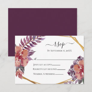 Lila Rosa Rot Florale Wasserfarbe Gold Hochzeit RSVP Karte