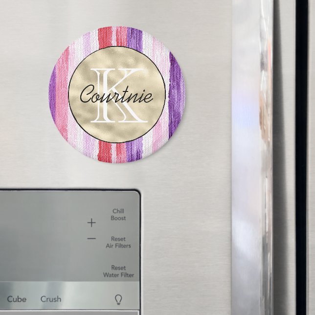 Lila Rosa Röte Rote Streifen Gold Monogramm      Magnet (In Situ (Kühlschrank))