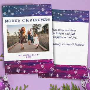 Lila Rosa Rustikales Holz Schneeflocken Weihnachts Feiertagskarte