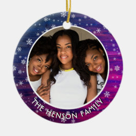 Lila Rosa Rustikales Holz Schneeflocken Weihnachts Keramik Ornament