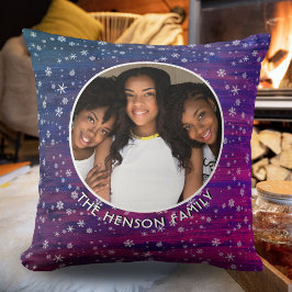 Lila Rosa Rustikales Holz Schneeflocken Weihnachts Kissen