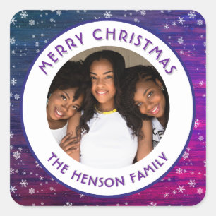 Lila Rosa Rustikales Holz Schneeflocken Weihnachts Quadratischer Aufkleber