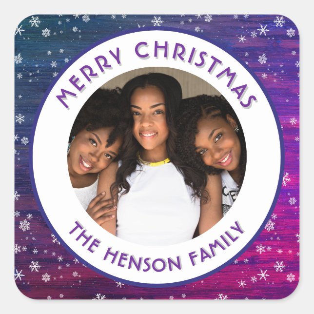 Lila Rosa Rustikales Holz Schneeflocken Weihnachts Quadratischer Aufkleber (Vorderseite)