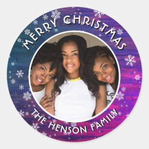 Lila Rosa Rustikales Holz Schneeflocken Weihnachts Runder Aufkleber