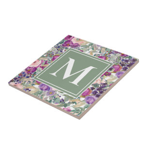 Lila Rosa Salbei Grün Boho Blumen Monogramm Fliese